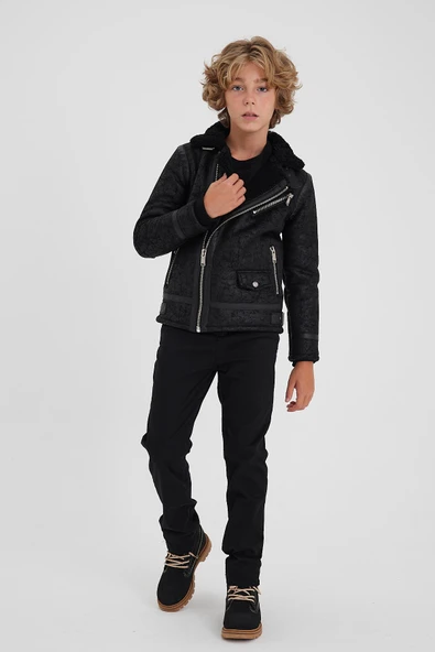 Erkek Çocuk Siyah Napa Deri İçi Kürklü Mont&Ceket - Resim 2