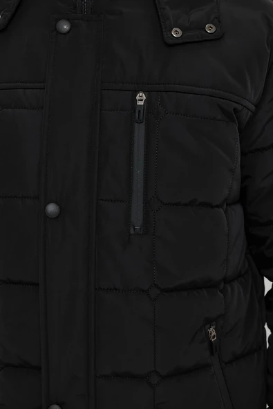 Erkek Siyah Standart Fit Normal Kesim Çıkmalı Kapüşon Dik Yaka Mont - Resim 4