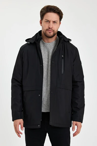 Siyah İçi Kalın Kürklü Çıkartılabilir Kapüşonlu Rüzgar Ve Su Geçirmez Mont&Kaban - Resim 2