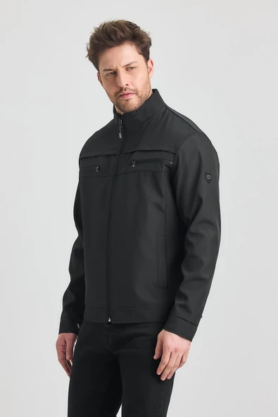 Siyah Erkek Pamuk Polyester Karışımlı Çift Göğüs Fermuarlı Su Ve Rüzgar Geçirmez Mevsimlik&Yazlık Mont - Resim 3