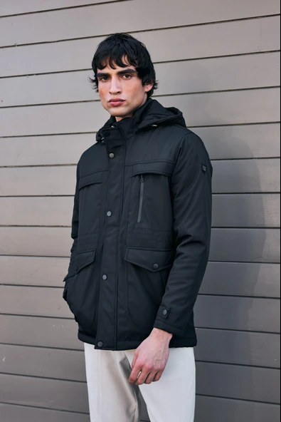 Erkek Siyah Pamuk Polyester Karışımlı Kürklü Çıkartılabilir Kapüşonlu Mont&Kaban - Resim 2