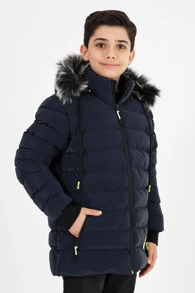 Lacivert Erkek Çocuk Çıkartılabilir Kapüşonlu Şişme Deri Karışımlı Kumaş Mont&Kaban - Resim 3