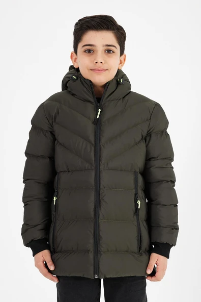 Yeşil Erkek Çocuk Sabit Kapüşonlu Şişme Deri Karışımlı Kumaş Mont&Kaban ürün görseli 1
