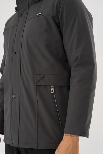 Erkek Gri %100 Su Ve Rüzgar Geçirmez Kürklü Çıkartılabilir Kapüşonlu Mont&Kaban - Resim 4