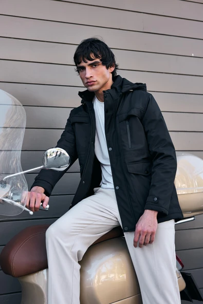 Erkek Siyah Pamuk Polyester Karışımlı Kürklü Çıkartılabilir Kapüşonlu Mont&Kaban - Resim 4