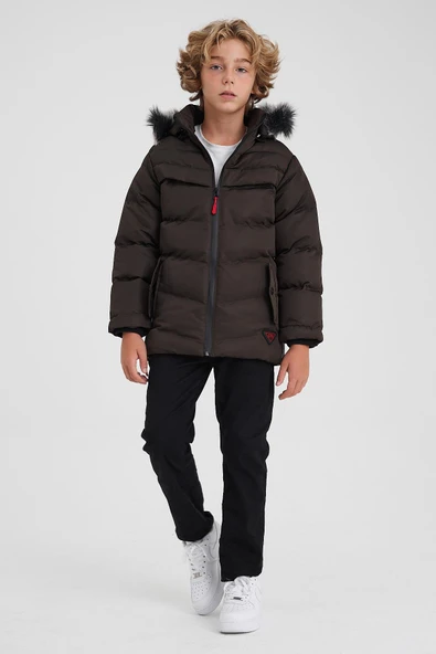 Yeşil Çıkartılabilir Kapüşonlu İçi Kürklü Kalın Şişme Erkek Çocuk Mont&Kaban ürün görseli 1