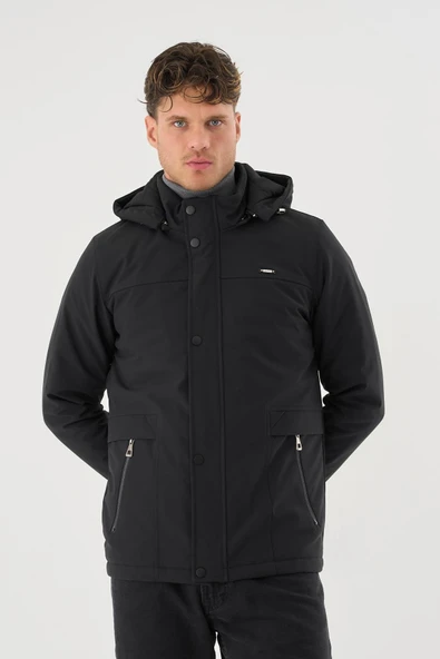 Erkek Siyah %100 Su Ve Rüzgar Geçirmez Kürklü Çıkartılabilir Kapüşonlu Mont&Kaban - Resim 2