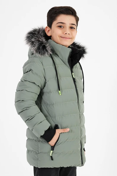 Açık Yeşil Erkek Çocuk Çıkartılabilir Kapüşonlu Şişme Deri Karışımlı Kumaş Mont&Kaban - Resim 3