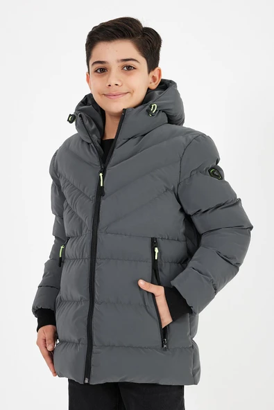 Gri Erkek Çocuk Sabit Kapüşonlu Şişme Deri Karışımlı Kumaş Mont&Kaban - 4