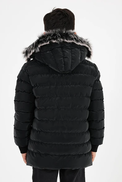 Siyah Erkek Çocuk Çıkartılabilir Kapüşonlu Şişme Deri Karışımlı Kumaş Mont&Kaban - Resim 6