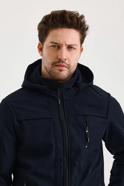 Lacivert Erkek %100 Su Geçirmez İçi Polarlı İç Çepli Çıkartılabilir Kapüşonlu Softshell Mont&Kaban - Resim 4