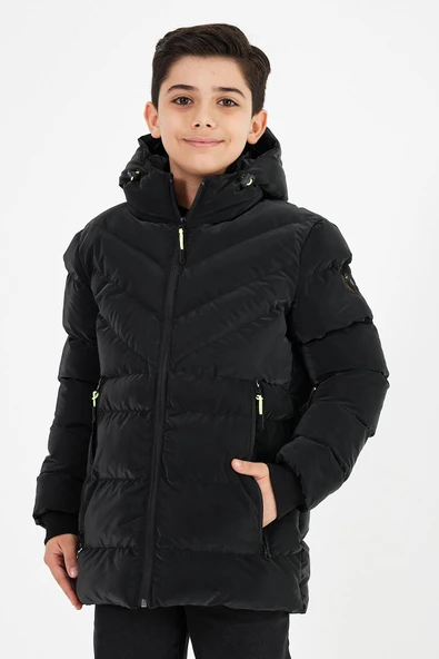 Siyah Erkek Çocuk Sabit Kapüşonlu Şişme Deri Karışımlı Kumaş Mont&Kaban - Resim 4