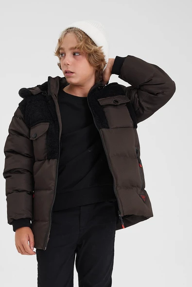 Yeşil Peluş Detaylı İçi Kürklü Kalın Şişme Erkek Çocuk Mont&Kaban - Resim 5