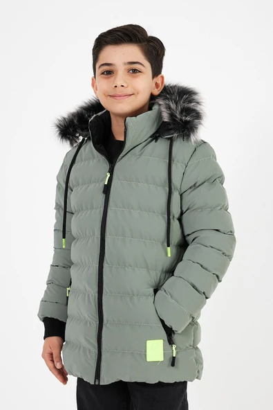 Açık Yeşil Erkek Çocuk Çıkartılabilir Kapüşonlu Şişme Deri Karışımlı Kumaş Mont&Kaban - Resim 2