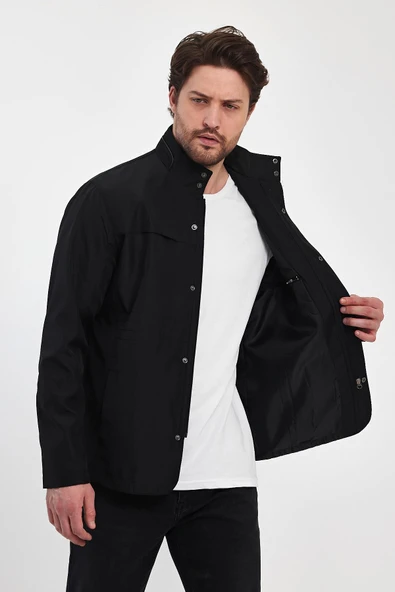 Erkek Siyah Regular Uzun Mevsimlik Pamuk Polyester Karışımlı Safari Mont&Ceket - Resim 4