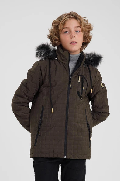 Kahverengi Erkek Çocuk Su Ve Rüzgar Geçirmez Çıkartılabilir Kapüşonlu Kapitone Mont&Kaban - Resim 2