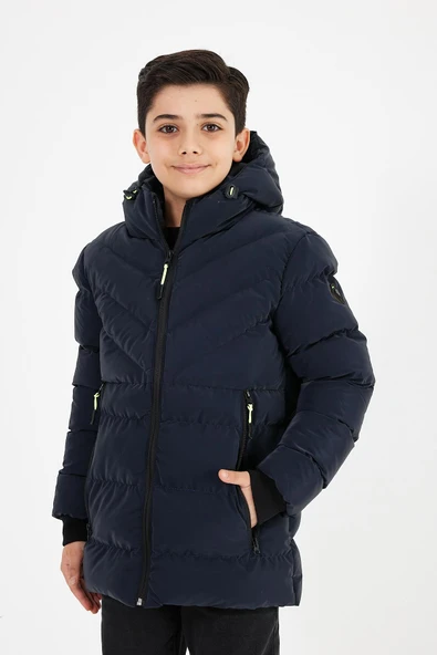 Lacivert Erkek Çocuk Sabit Kapüşonlu Şişme Deri Karışımlı Kumaş Mont&Kaban - Resim 3