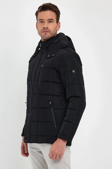 Erkek Siyah Standart Fit Normal Kesim Çıkmalı Kapüşon Dik Yaka Mont - Resim 5