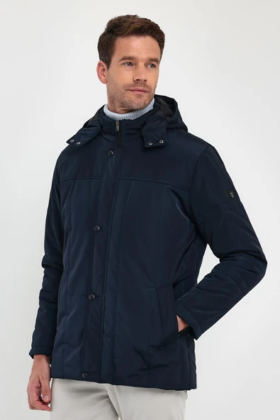 Erkek Lacivert Standart Fit Normal Kesim Çıkmalı Kapüşon Dik Yaka Mont - Resim 2