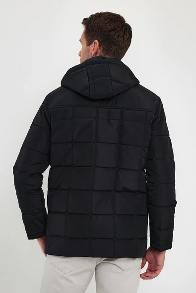 Erkek Siyah Standart Fit Normal Kesim Çıkmalı Kapüşon Dik Yaka Mont - Resim 6