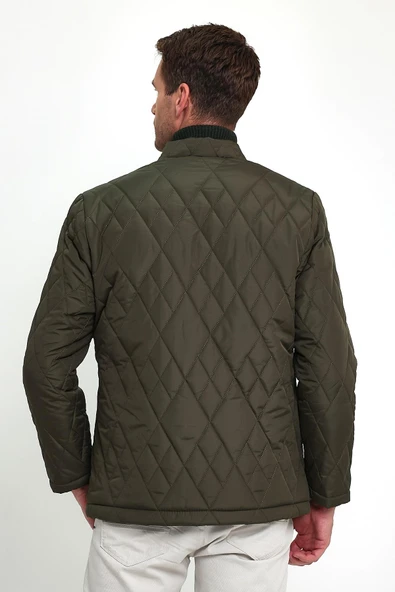 Erkek Yeşil Standart Fit Normal Kesim İçi Kürklü Dik Yaka Çıtçıtlı Dolgulu Desenli Overcoat - Resim 6