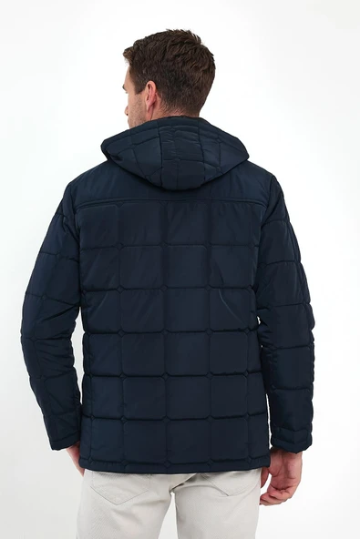 Erkek Lacivert Standart Fit Normal Kesim Çıkmalı Kapüşon Dik Yaka Mont - 6