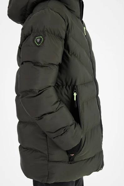 Yeşil Erkek Çocuk Sabit Kapüşonlu Şişme Deri Karışımlı Kumaş Mont&Kaban - Resim 5