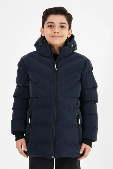 Lacivert Erkek Çocuk Sabit Kapüşonlu Şişme Deri Karışımlı Kumaş Mont&Kaban ürün görseli 1