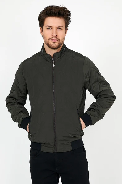 YENİ SEZON ERKEK YEŞİL MEVSİMLİK TRİKO VE DERİ BİYE DETAYLI FERMUARLI İÇ CEPLİ MONT&CEKET - Resim 5