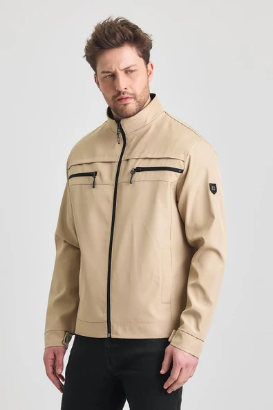 Krem Erkek Pamuk Polyester Karışımlı Çift Göğüs Fermuarlı Su Ve Rüzgar Geçirmez Mevsimlik&Yazlık Mont - 4