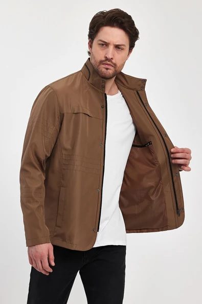 Erkek Kahverengi Regular Uzun Mevsimlik Pamuk Polyester Karışımlı Safari Mont&Ceket - 4