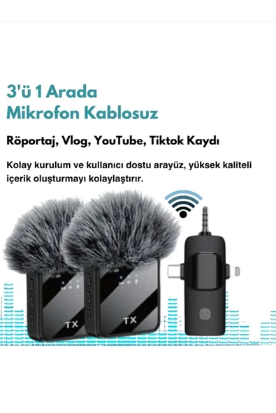 Yüksek Kalite Profesyonel 3 In 1 Kablosuz Taşınabilir Yaka Mikrofonu Tüylü - 1