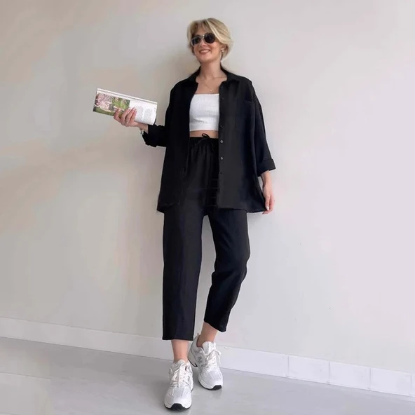 Keten Gömlek Pantolon Günlük İkili Takım Elbise ürün görseli