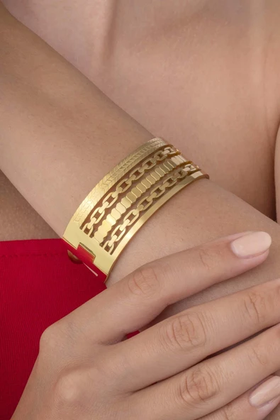 Zincir Geçişli 5 Sıra Altın Kaplama Kadın Çelik Kelepçe Bileklik - Resim 3