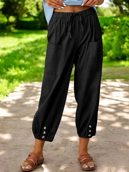 Keten Şık Düğme Detaylı Pantolon ürün görseli