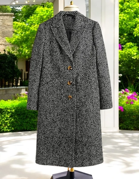 Kışlık Astarlı Balık Sırtı Detaylı Kaşmir Kaban - Resim 2