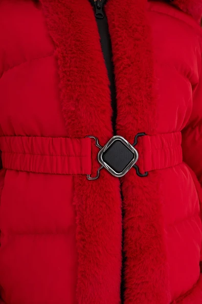 Kırmızı Peluş Detaylı İçi Kürklü Kalın Şişme Kız Çocuk Mont&Kaban - 4