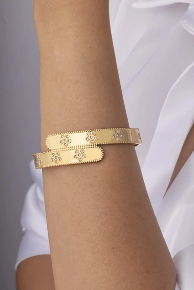 Papatya İşlemeli Altın Kaplama Çift Sıra Çelik Kadın Kelepçe Bileklik ürün görseli 1