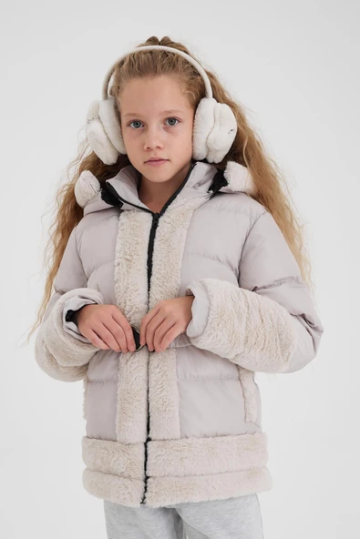 Krem Peluş Detaylı İçi Kürklü Kalın Şişme Kız Çocuk Mont&Kaban - 1