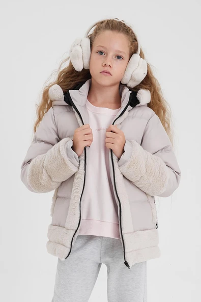 Krem Peluş Detaylı İçi Kürklü Kalın Şişme Kız Çocuk Mont&Kaban - 2