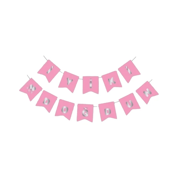 Oben Oben Parti Pembe Gümüş Yaldızlı Happy Birthday Banner - 1