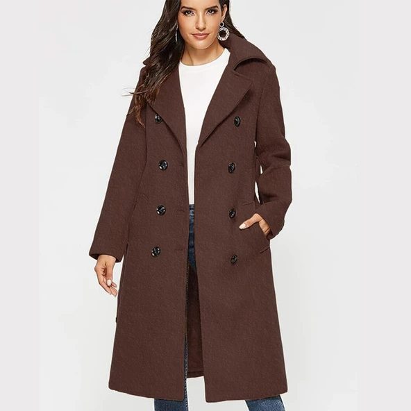 Aksesuarlı Kaşe Kaban Kemer Detaylı - Resim 4