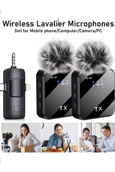 Yüksek Kalite Profesyonel 3 In 1 Kablosuz Taşınabilir Yaka Mikrofonu Tüylü - 3