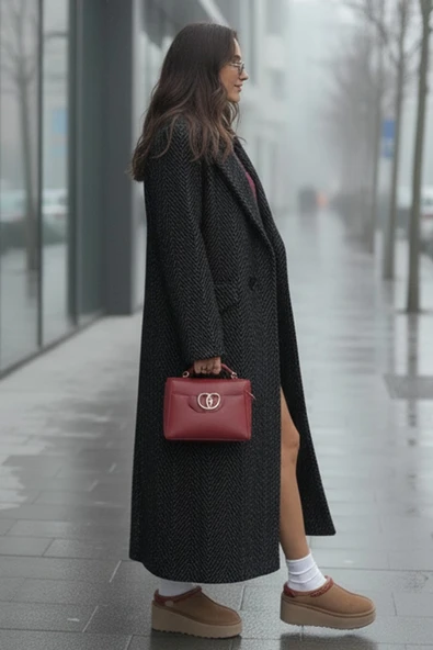 Kışlık Astarlı Balık Sırtı Desenli Kadın Kaşmir Kaban - Resim 4