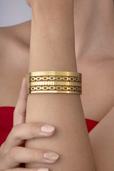 Zincir Geçişli 5 Sıra Altın Kaplama Kadın Çelik Kelepçe Bileklik ürün görseli 1