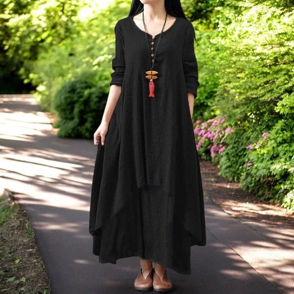 Günlük İki Katlı Salaş Keten Elbise ürün görseli