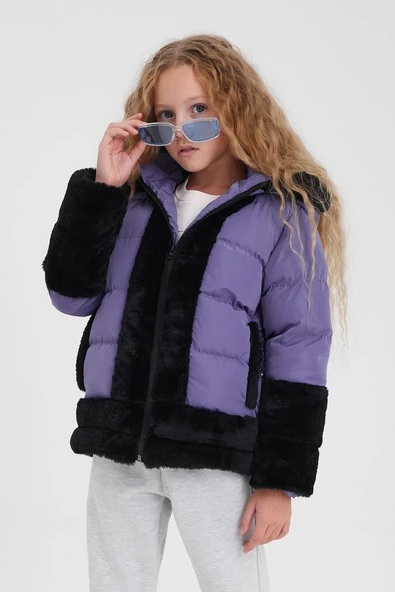 Lila Peluş Detaylı İçi Kürklü Kalın Şişme Kız Çocuk Mont&Kaban - 1