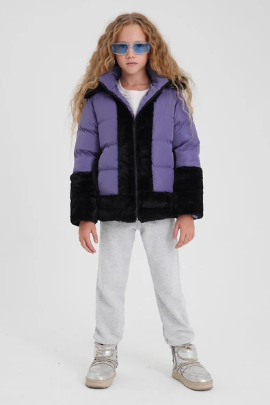 Lila Peluş Detaylı İçi Kürklü Kalın Şişme Kız Çocuk Mont&Kaban - 5