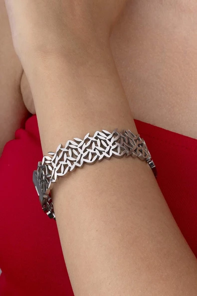 Çiçek Desenli Beyaz Altın Kaplama Çelik Kadın Kelepçe Bileklik - 2