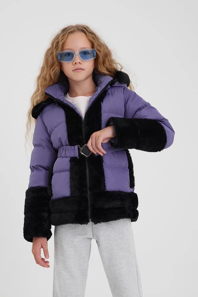 Lila Peluş Detaylı İçi Kürklü Kalın Şişme Kız Çocuk Mont&Kaban - 3